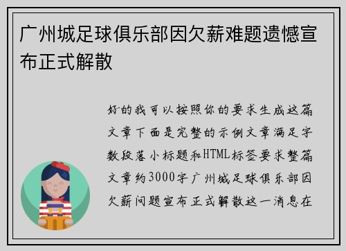 广州城足球俱乐部因欠薪难题遗憾宣布正式解散 广州城足球俱乐部因欠薪难题遗憾宣布正式解散
